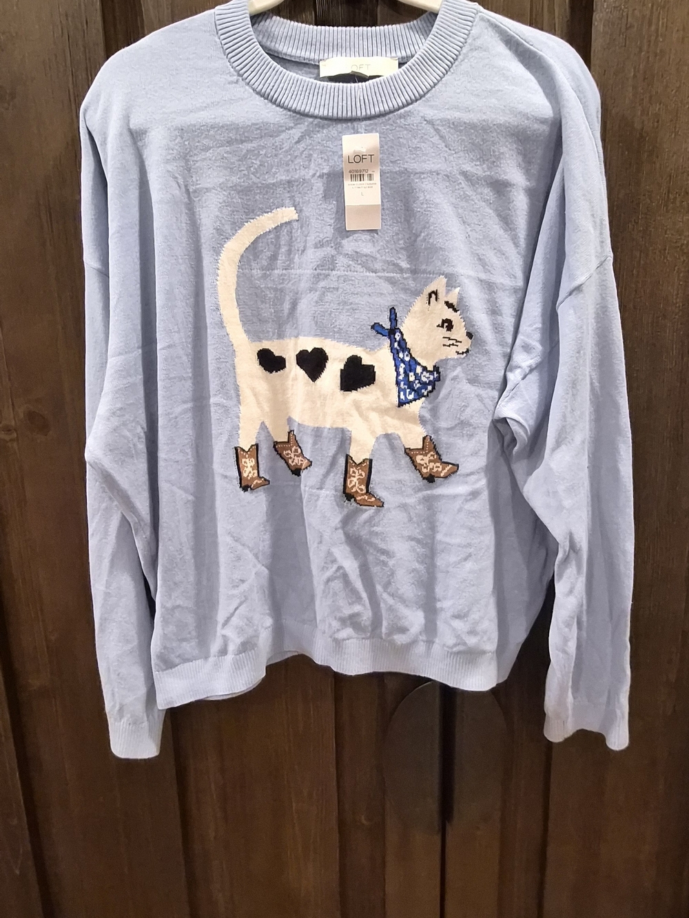 LOFT Light Blue Cat Sweater with Cowboy Boots